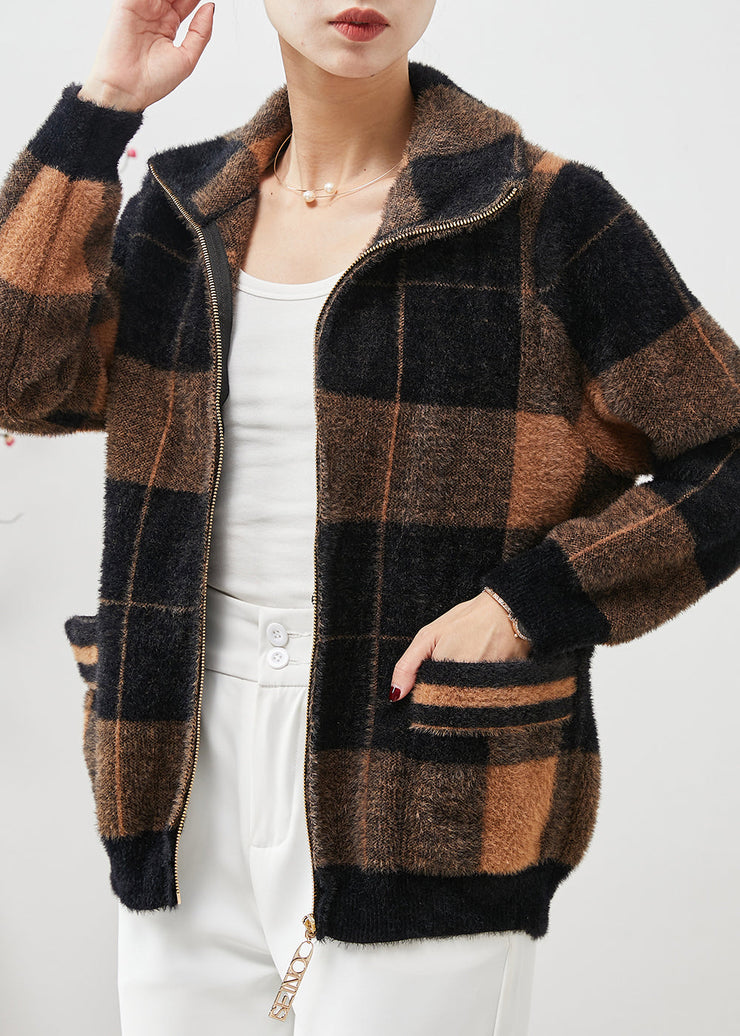 Plus Size Colorblock Zip Up Plaid Mink Velvet Coats Spring