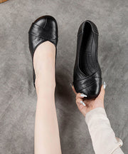 Plus Size Cross Strap Chunky Flat Shoes For Women Black Cowhide Leather