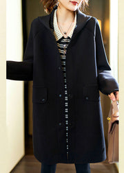 Plus Size Dark Blue Button Hooded Fleece Coats Fall