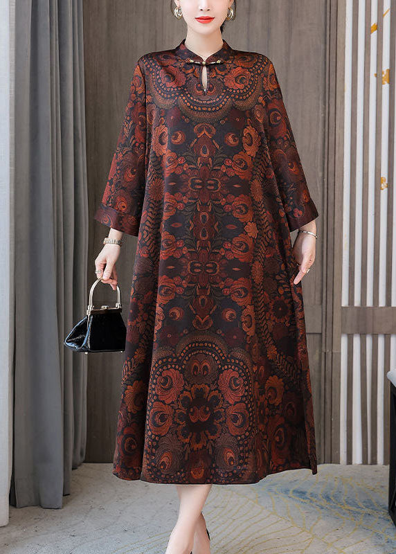 Plus Size Dark Brown Print Mandarin Collar Silk A Line Dress Spring