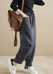 Plus Size Dark Gray Pockets Elastic Waist Warm Fleece Crop Pants