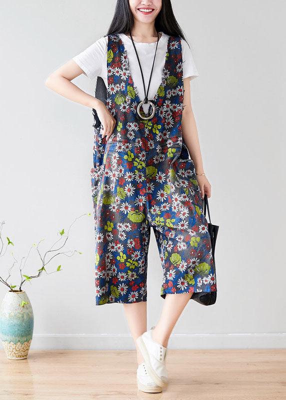 Plus Size Dark Grey V Neck Print Pockets Cotton Overalls Jumpsuit Summer