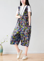 Plus Size Dark Grey V Neck Print Pockets Cotton Overalls Jumpsuit Summer