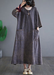 Plus Size Deep Purple O Neck Pockets Denim Long Dress Bracelet Sleeve