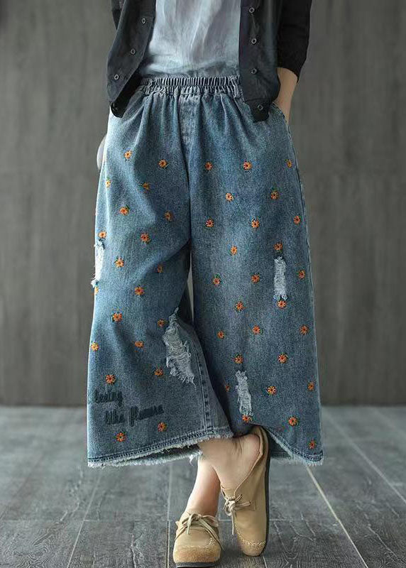 Plus Size Denim Blue Elastic Waist Daisy Embroideried Hole Cotton Straight Pants Summer