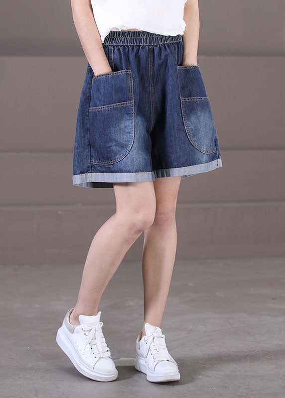 Plus Size Denim Blue Elastic Waist Pockets Cotton Wide Leg Shorts Summer