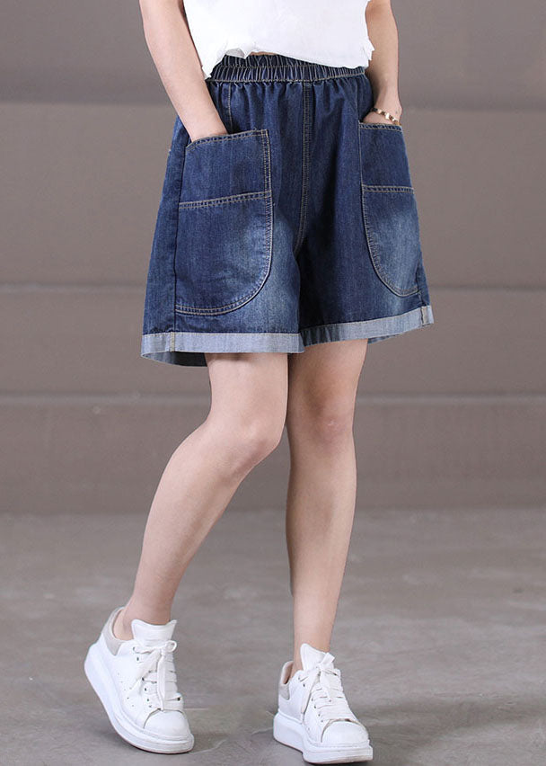 Plus Size Denim Blue Elastic Waist Pockets Cotton Wide Leg Shorts Summer