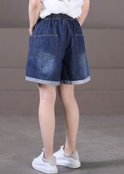 Plus Size Denim Blue Elastic Waist Pockets Cotton Wide Leg Shorts Summer