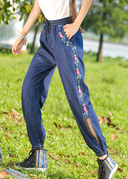 Plus Size Denim Blue Embroideried High Waist Cotton Lantern Pants Summer