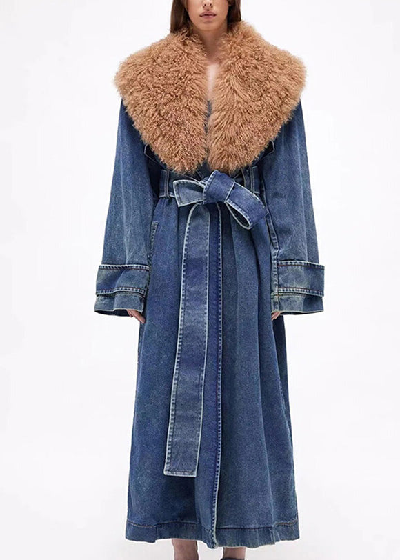 Plus Size Denim Blue Fur Collar Patchwork Tie Waist Long Trench Coats Winter