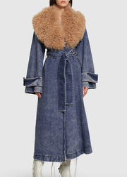 Plus Size Denim Blue Fur Collar Patchwork Tie Waist Long Trench Coats Winter