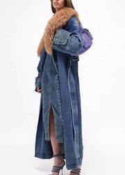 Plus Size Denim Blue Fur Collar Patchwork Tie Waist Long Trench Coats Winter