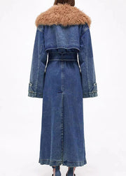 Plus Size Denim Blue Fur Collar Patchwork Tie Waist Long Trench Coats Winter