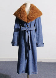 Plus Size Denim Blue Fur Collar Patchwork Tie Waist Long Trench Coats Winter