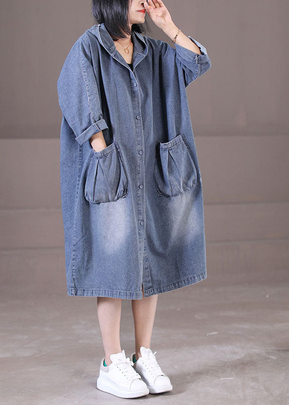 Plus Size Denim Blue Hooded Pockets Cotton Long Dress Long Sleeve