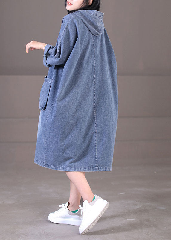 Plus Size Denim Blue Hooded Pockets Cotton Long Dress Long Sleeve