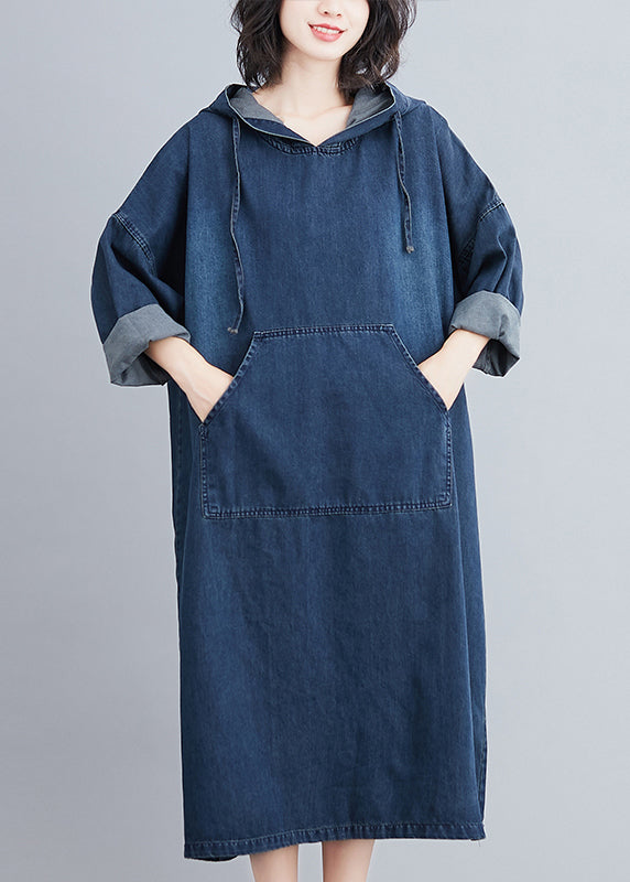 Plus Size Denim Blue Hooded Pockets Denim Long Dress Fall