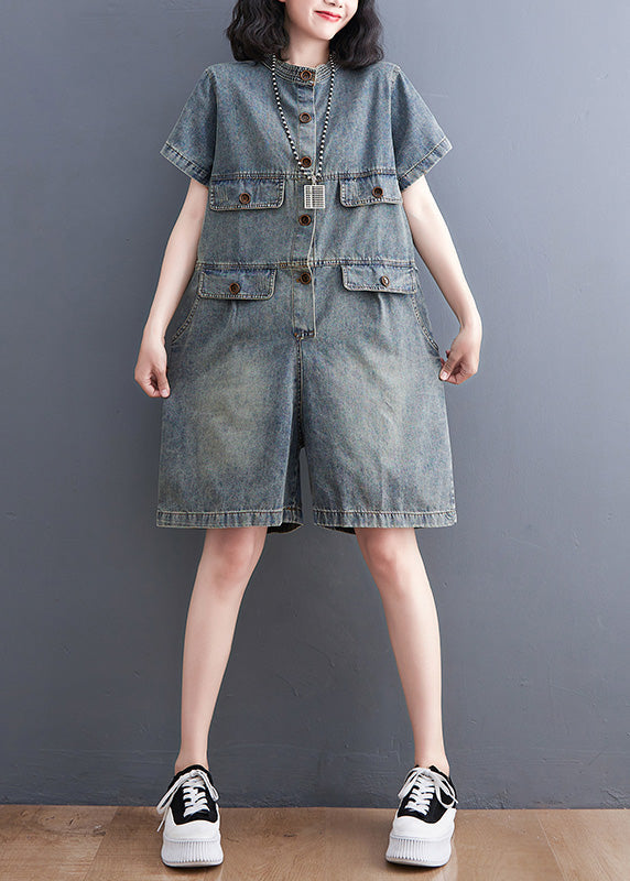 Plus Size Denim Blue O-Neck Patchwork Button Jumpsuits Short Sleeve