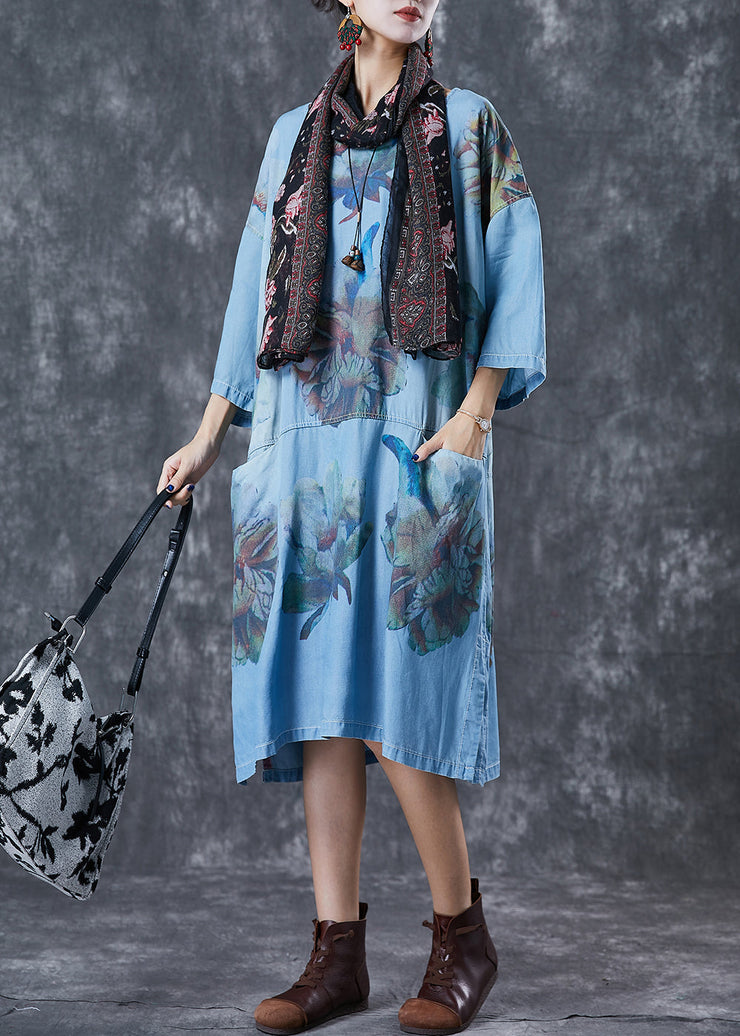 Plus Size Denim Blue Oversized Print Cotton Robe Dresses Fall