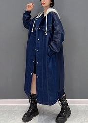 Plus Size Denim Blue Patchwork Button Hooded Coat Fall