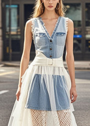 Plus Size Denim Blue Ruffled Patchwork Tulle Vacation Dresses Summer