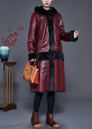 Plus Size Dull Red Hooded Patchwork Warm Fleece Coats Winter