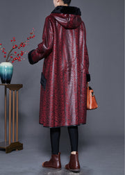 Plus Size Dull Red Hooded Patchwork Warm Fleece Coats Winter