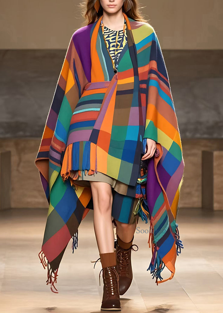 Plus Size Fitted Rainbow V Neck Tassel Long Coats Fall