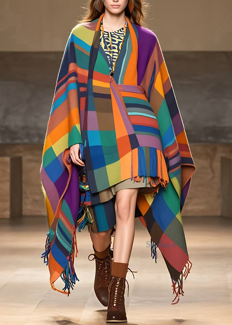 Plus Size Woolen Rainbow V Neck Tassel Long Coats Fall