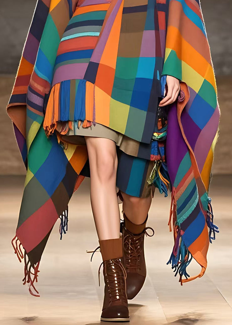 Plus Size Woolen Rainbow V Neck Tassel Long Coats Fall