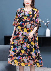 Plus Size Floral O Neck Wrinkled Patchwork Chiffon Dresses Summer