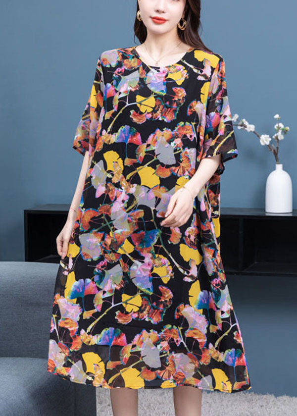 Plus Size Floral O Neck Wrinkled Patchwork Chiffon Dresses Summer