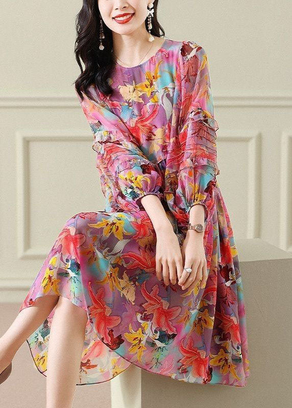 Plus Size Floral O Neck Wrinkled Patchwork Chiffon Long Dress Summer