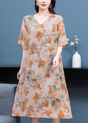 Plus Size Floral V Neck Print  Patchwork Silk Mid Dress Summer