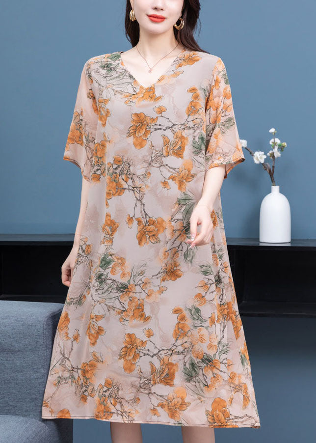 Plus Size Floral V Neck Print  Patchwork Silk Mid Dress Summer