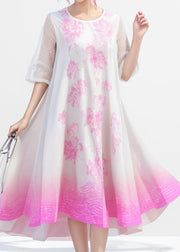 Plus Size Gradient Color O Neck Print Silk Dress Summer