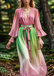 Plus Size Gradient Color Pink Tie Waist Silk Long Dress Long Sleeve