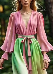 Plus Size Gradient Color Pink Tie Waist Silk Long Dress Long Sleeve