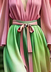 Plus Size Gradient Color Pink Tie Waist Silk Long Dress Long Sleeve