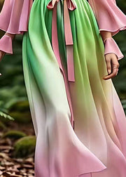 Plus Size Gradient Color Pink Tie Waist Silk Long Dress Long Sleeve