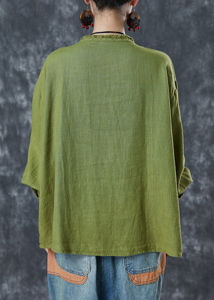 Plus Size Grass Green Embroidered Linen Blouses Spring