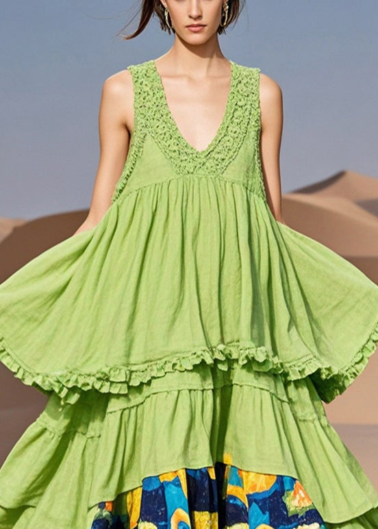 Plus Size Grass Green Ruffled Patchwork Cotton Dress Summer