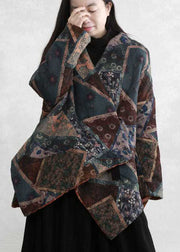 Plus Size Green Asymmetrical Design Print Fine Cotton Filled Coats Winter