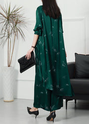 Plus Size Green Asymmetrical Side Open Silk Women Sets 2 Pieces Spring