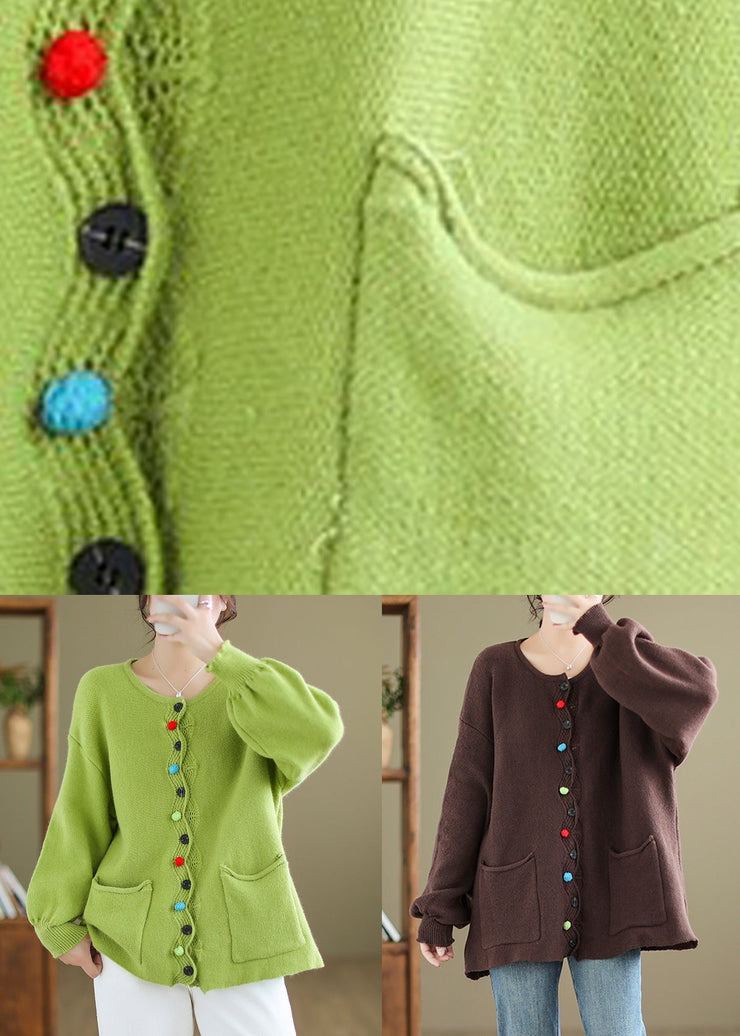 Plus Size Green Button Pockets Knit Coat Long Sleeve