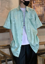 Plus Size Green Button Print Ice Silk Men Shirts Short Sleeve