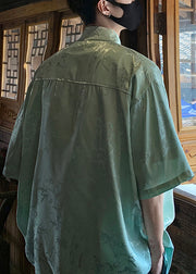 Plus Size Green Button Print Ice Silk Men Shirts Short Sleeve