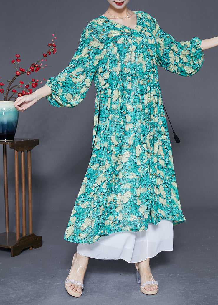 Plus Size Green Cinched Print Chiffon Maxi Dresses Lantern Sleeve