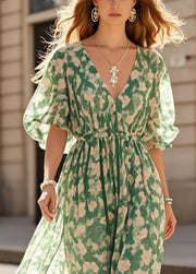 Plus Size Green Cinched Print Chiffon Robe Dresses Summer