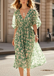 Plus Size Green Cinched Print Chiffon Robe Dresses Summer